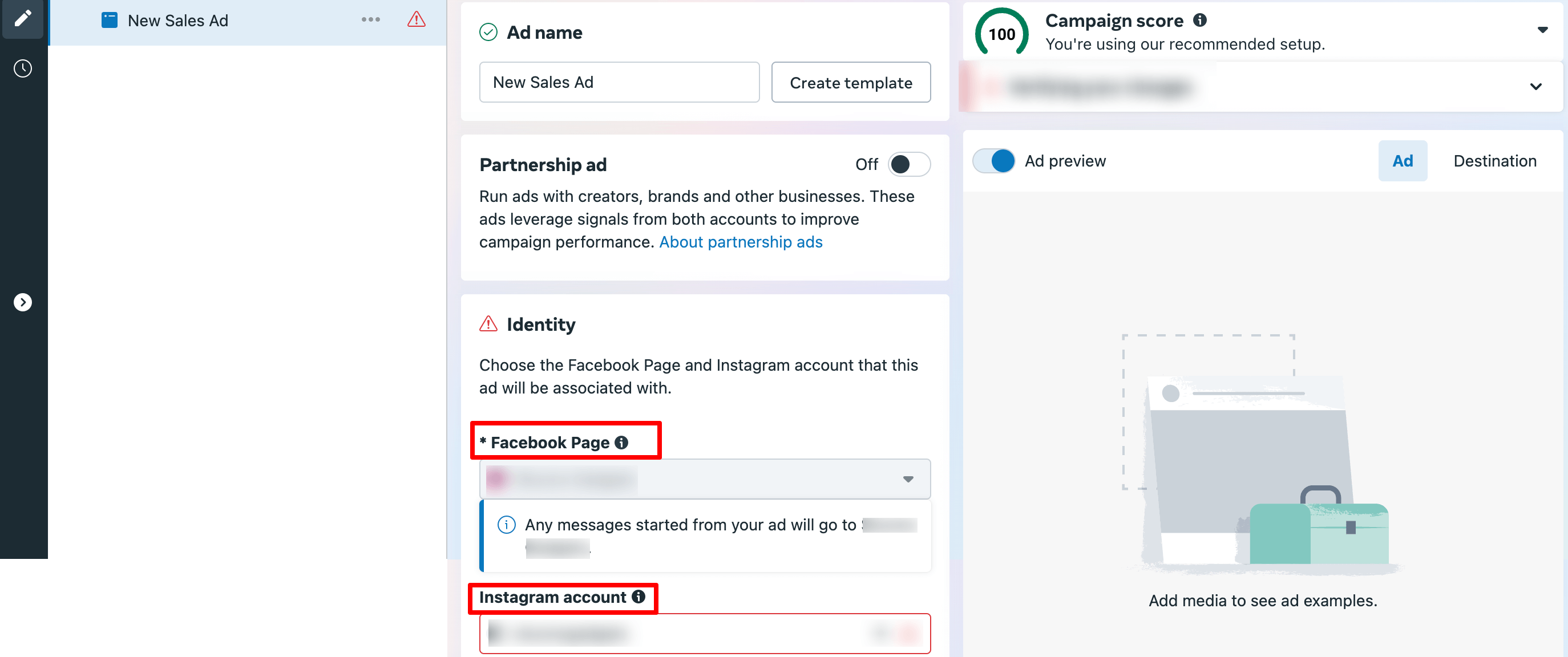 FB Ads Managerでオプションを選択するFacebookページ