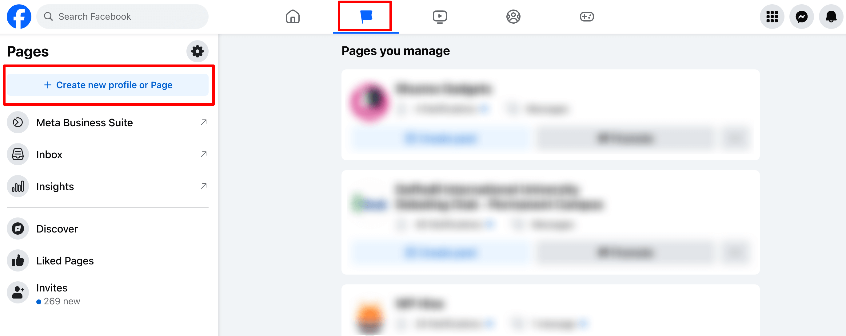 Facebookアカウントの「新しいプロファイルまたはページの作成」セクションを表示する