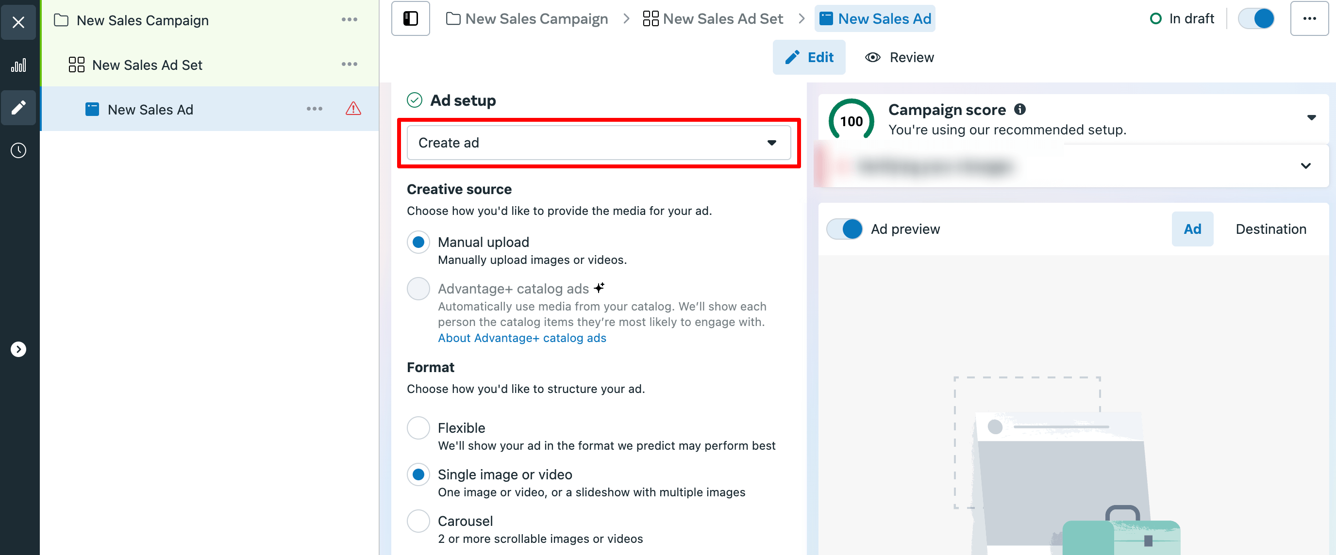 FB ADSマネージャーの広告セットアップ、クリエイティブアップロード、およびフォーマットオプション