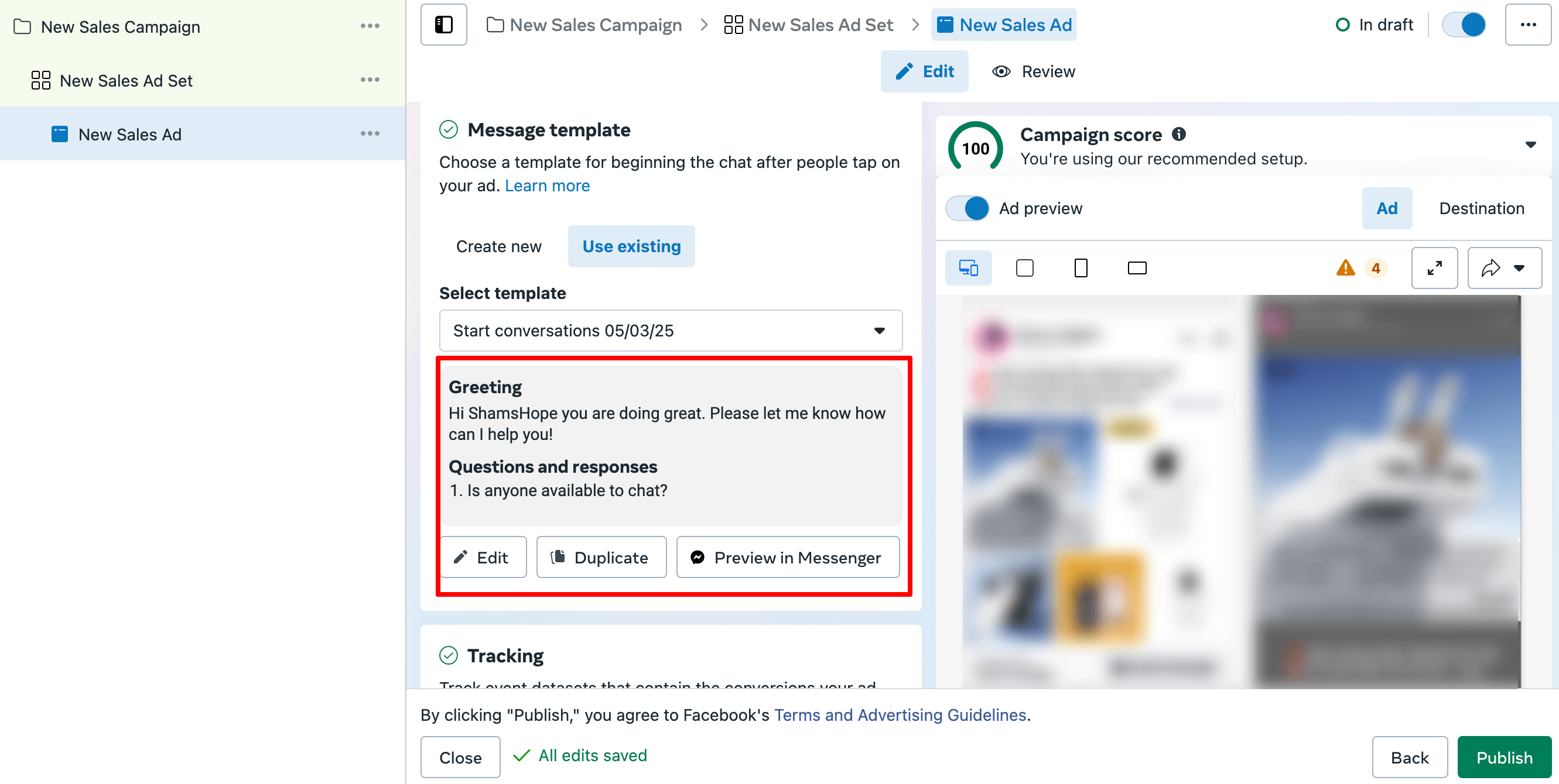 FB Ads Managerのメッセージテンプレート編集オプション