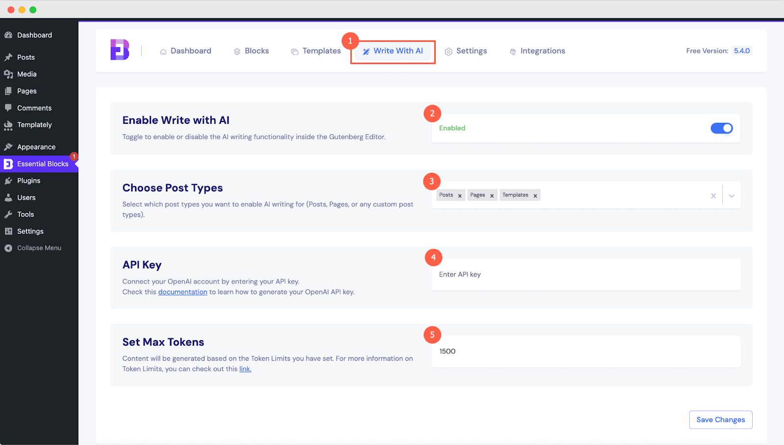如何配置基本塊使用AI特徵寫並為帖子/頁面創建內容? 1 Add your openai api key