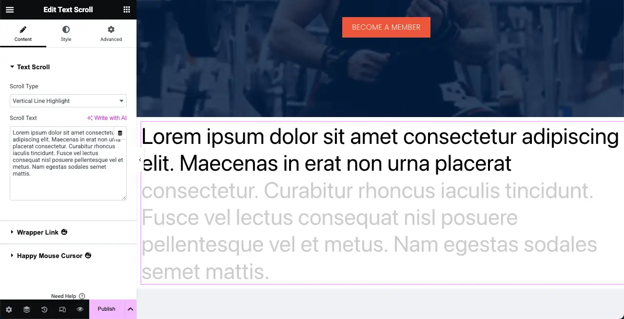The text scroll widget is added to the canvas
