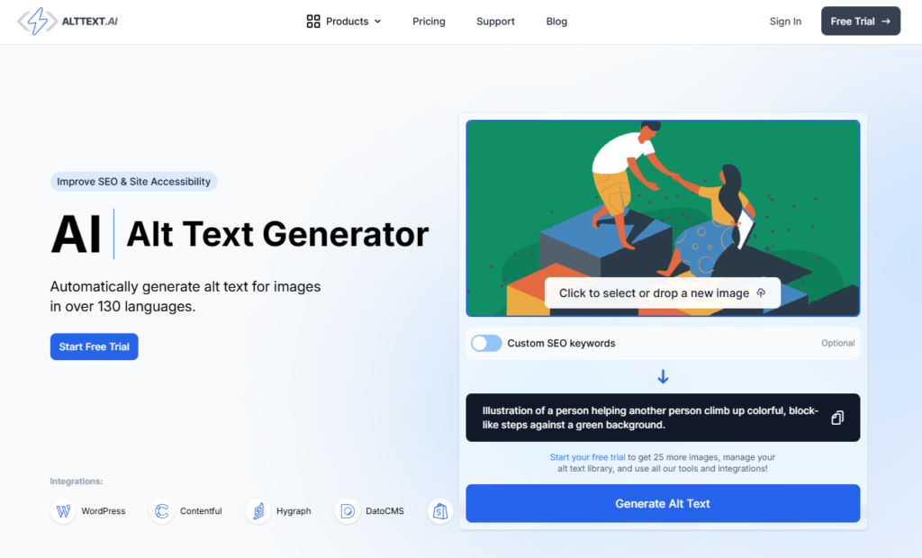 Alt Text Generator Webサイトからのスクリーンショットの使用方法を示しています。