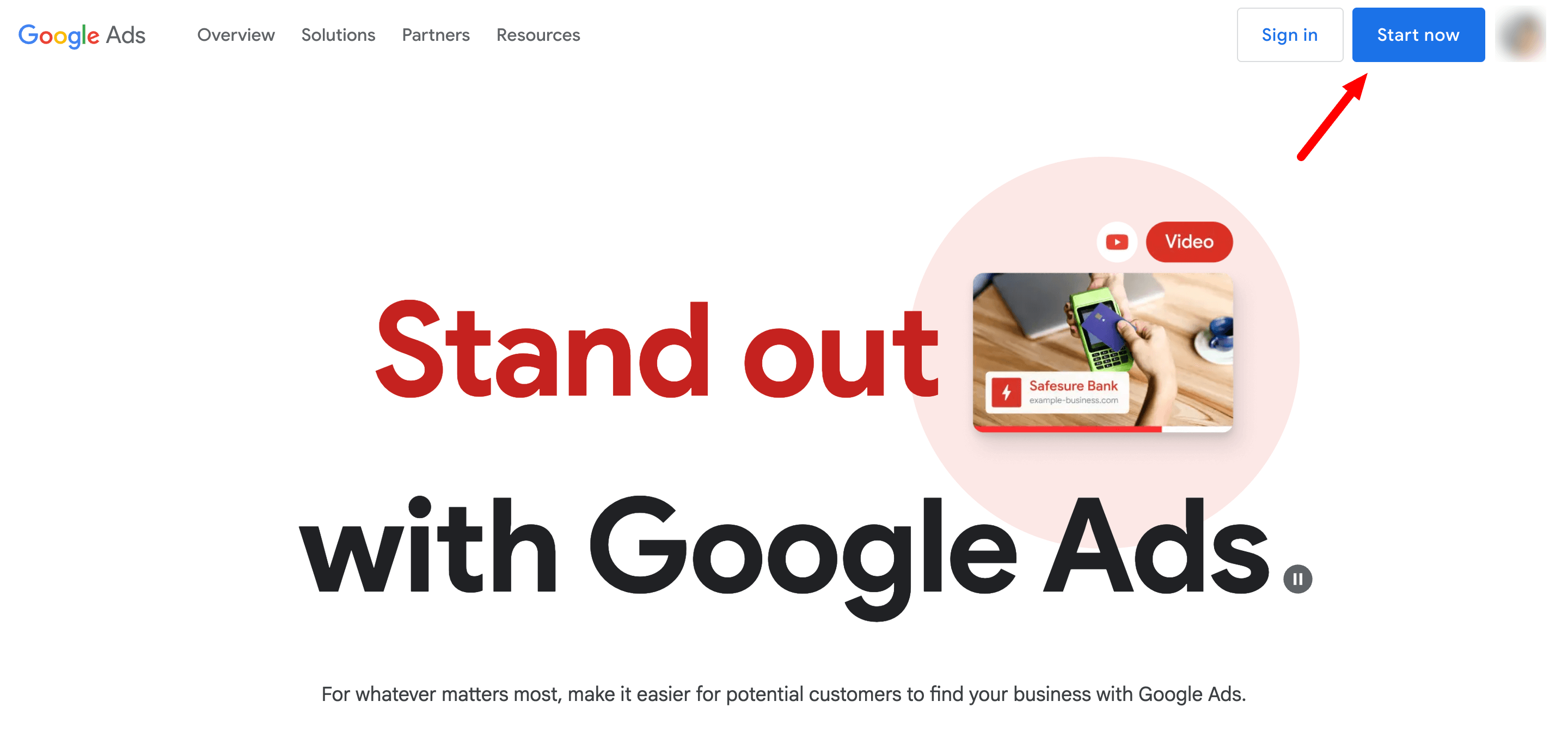Start Nowオプションを表示するGoogle広告インターフェイス