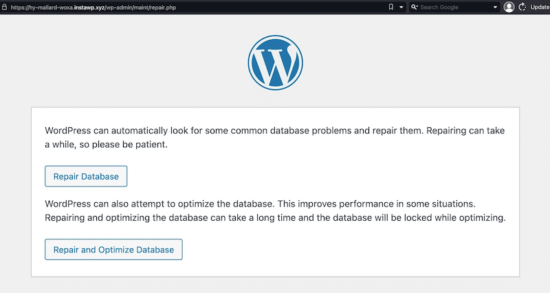 組み込みのWordPressツールを使用してデータベースを修復および/または最適化する方法-Source:PHPMyAdmin