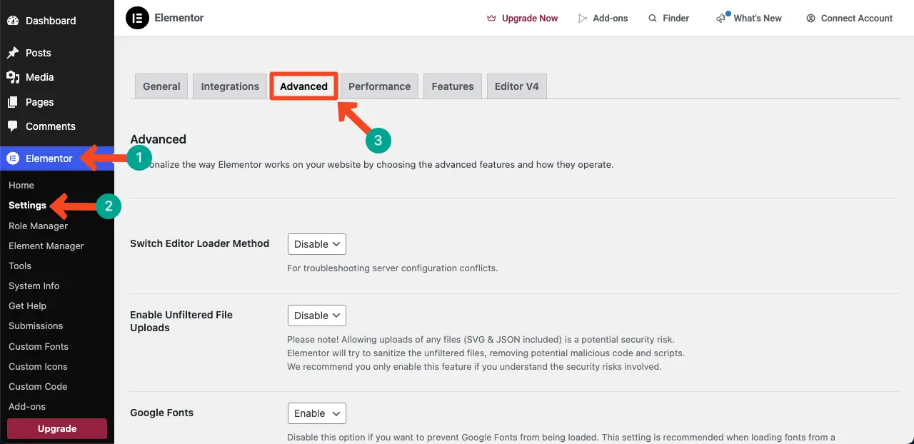 ロードではないElementorアイコンを修正する方法(実績のあるガイド)4 Elementor Advanced Settings