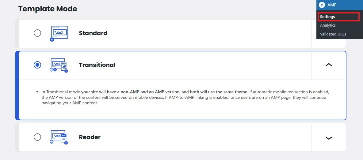 AMP 템플릿 모드를 선택하십시오