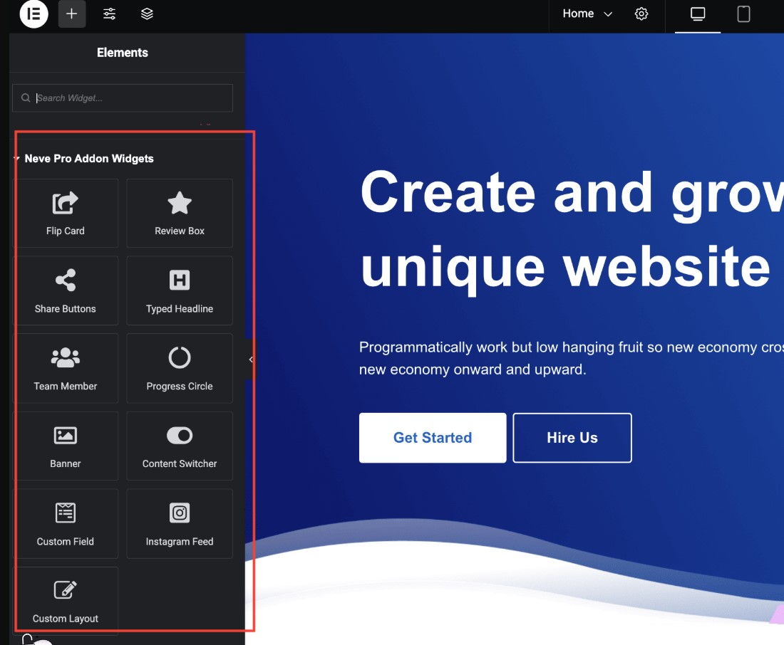 Elementor 편집자의 Neve Pro Addon 위젯