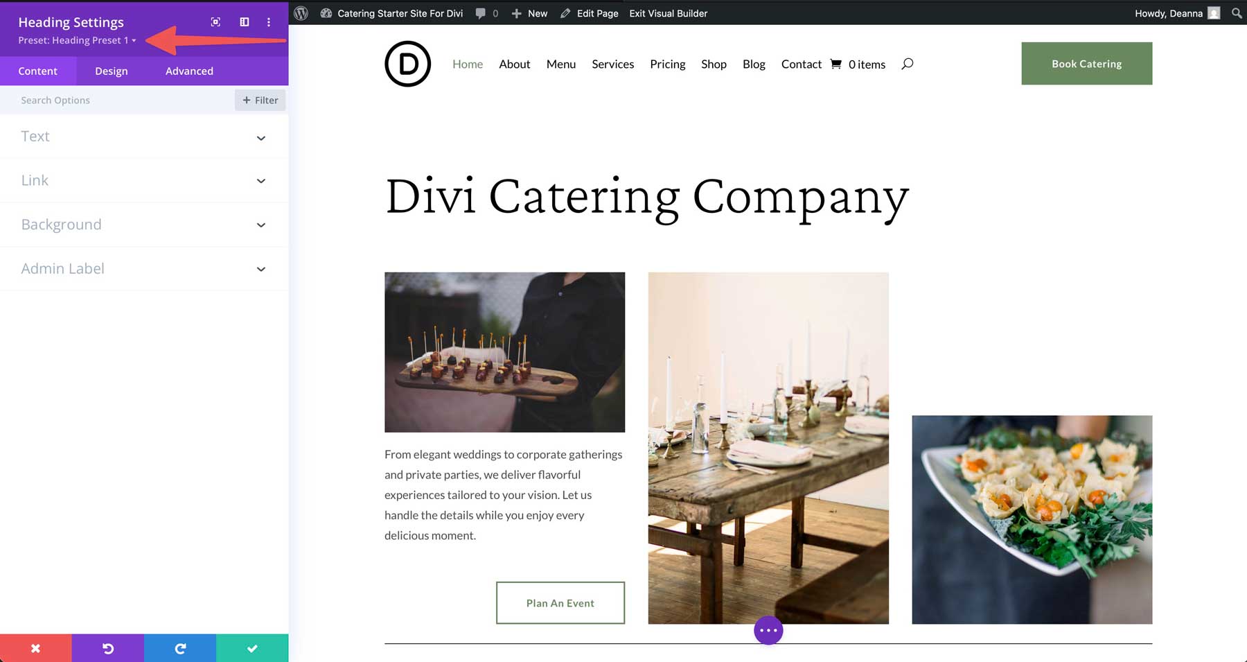 Diviのケータリングスターターサイト