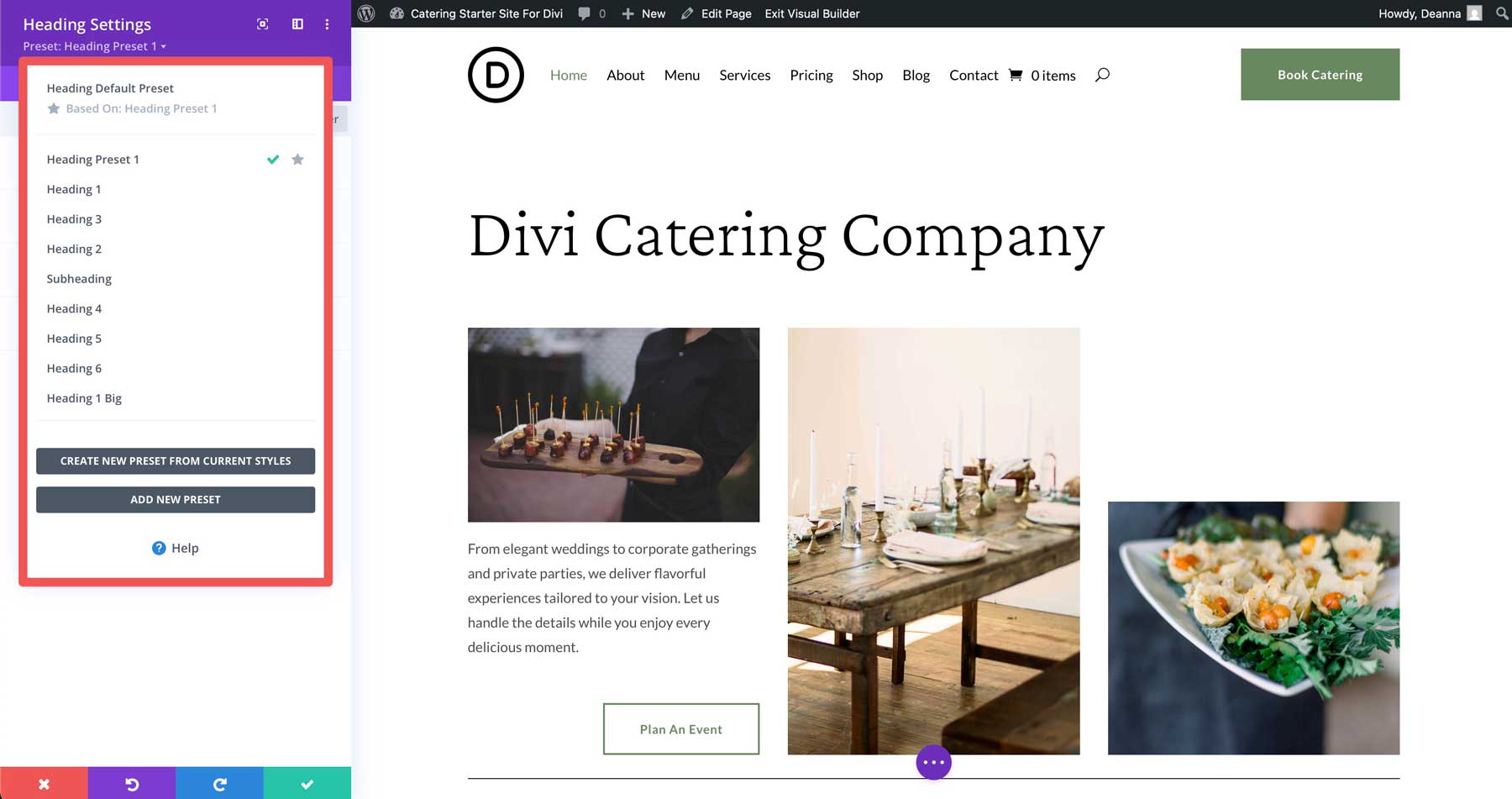 Diviのケータリングスターターサイト