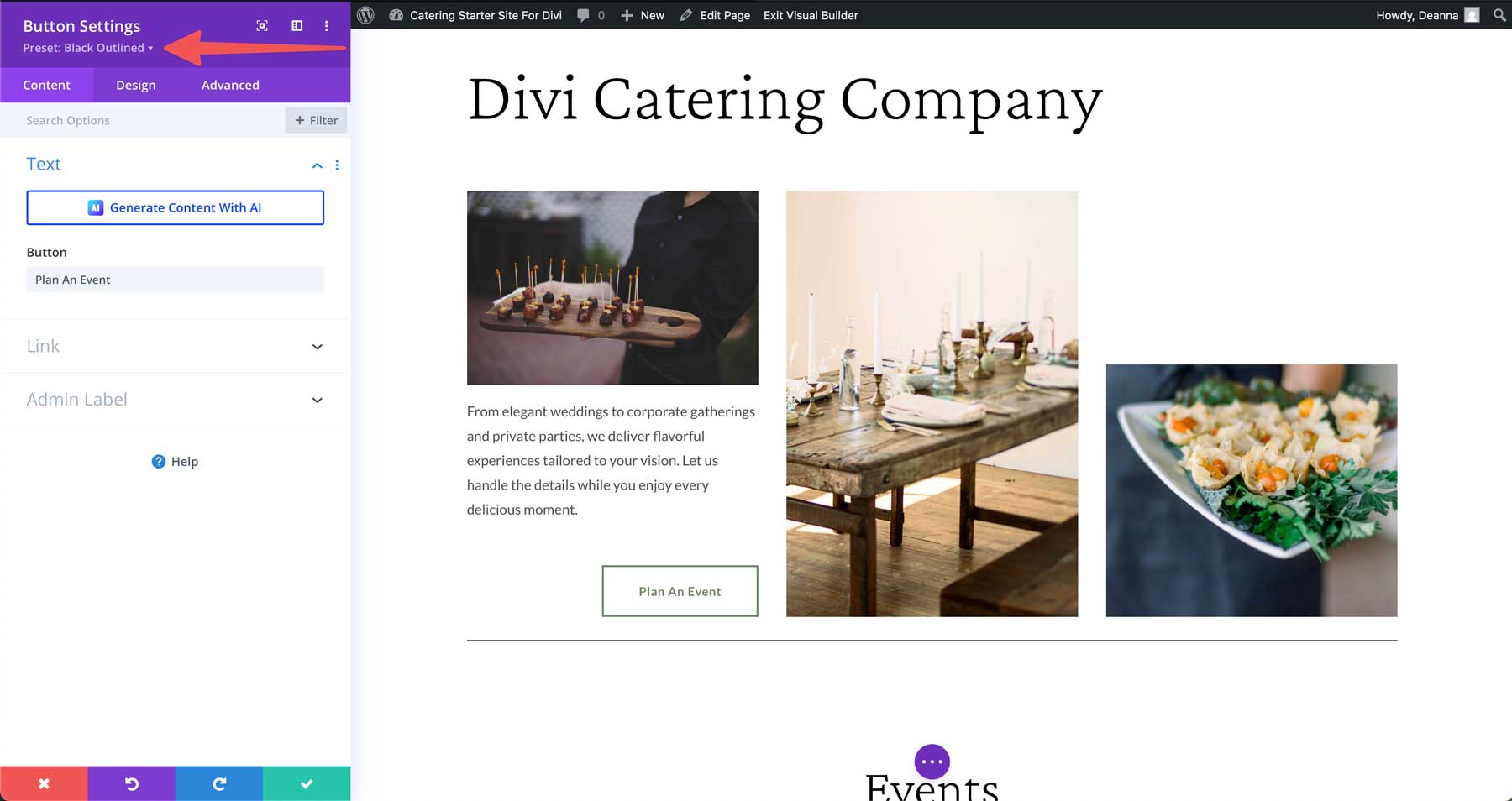 Diviのケータリングスターターサイト