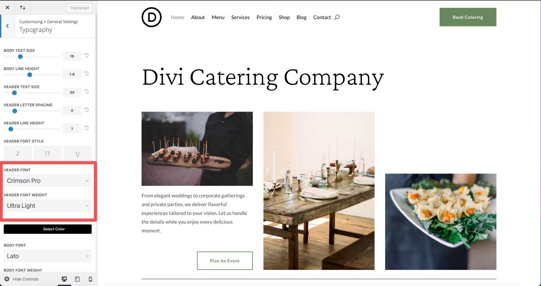 Diviのケータリングスターターサイト