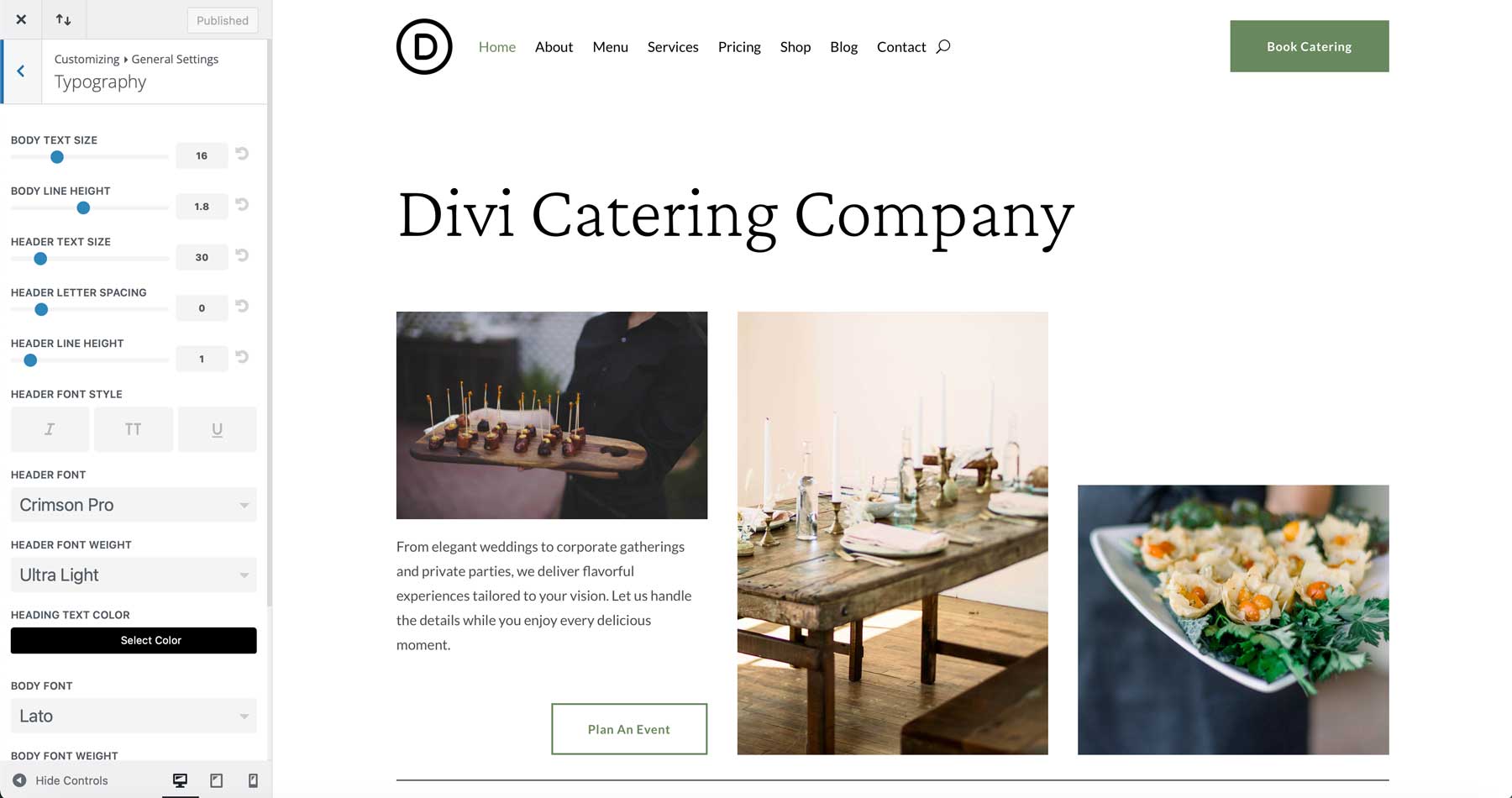 Diviのケータリングスターターサイト