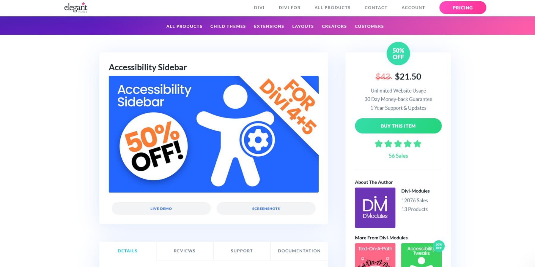 Divi Marketplace의 접근성 사이드 바 스크린 샷