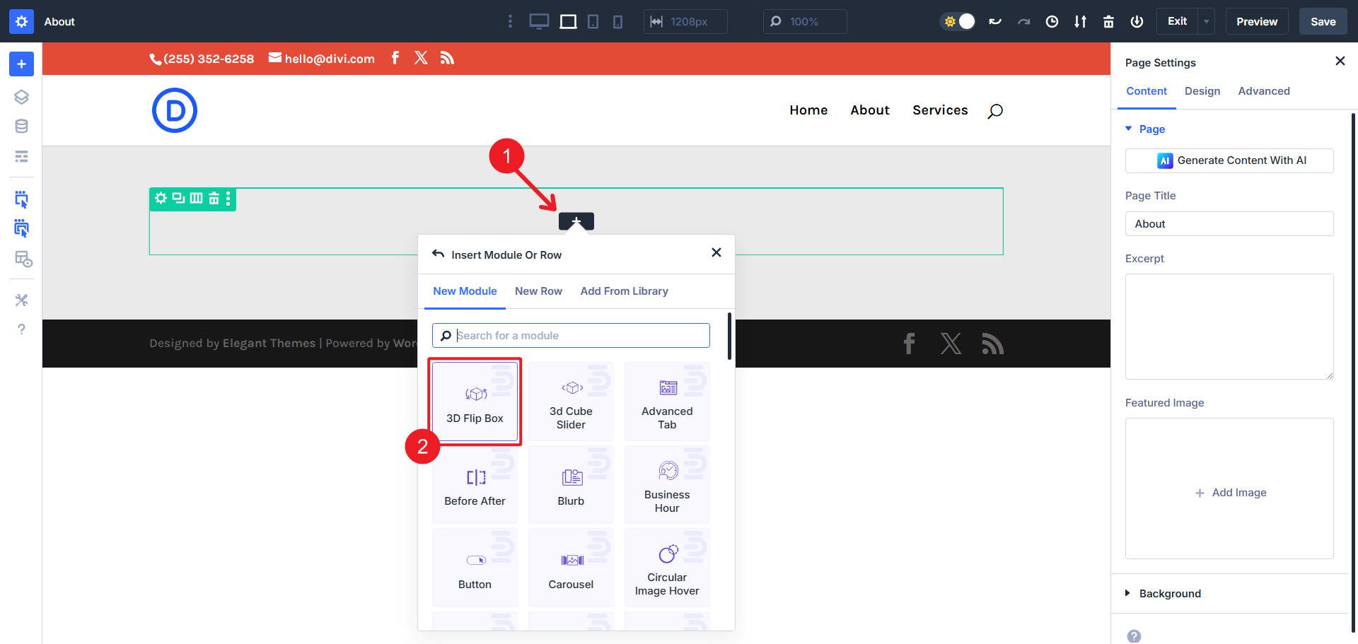 Agregue el módulo de caja de flip 3D a la página - Divi Essentials - D5