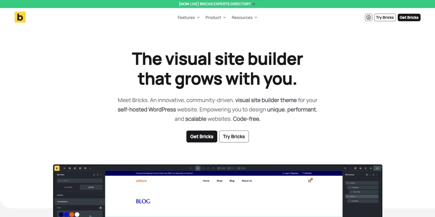 Bricks Builder'ın ana sayfasının bir ekran görüntüsü