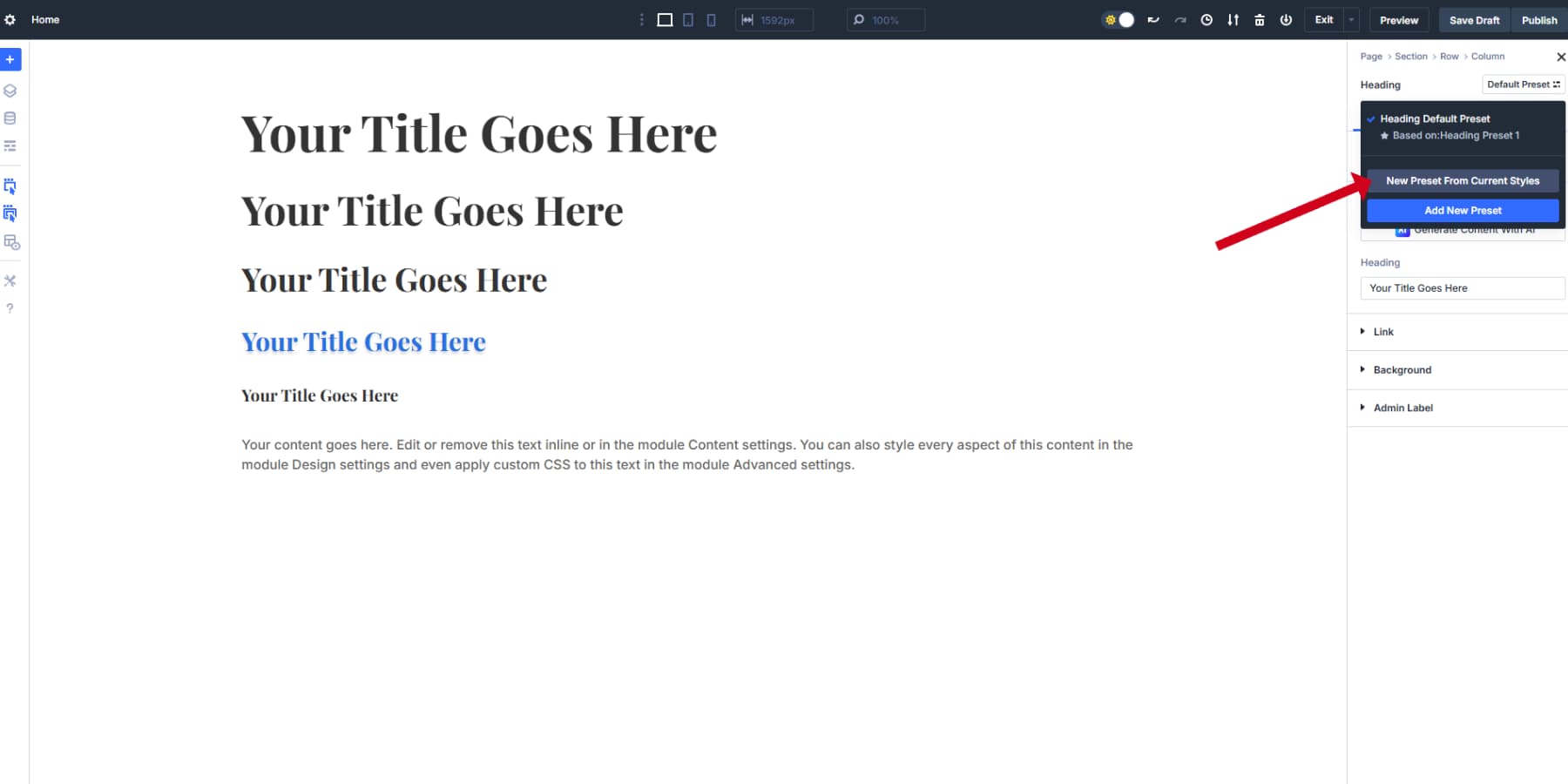 Uno screenshot di dove gli utenti possono aggiungere nuovi preset dagli stili attuali