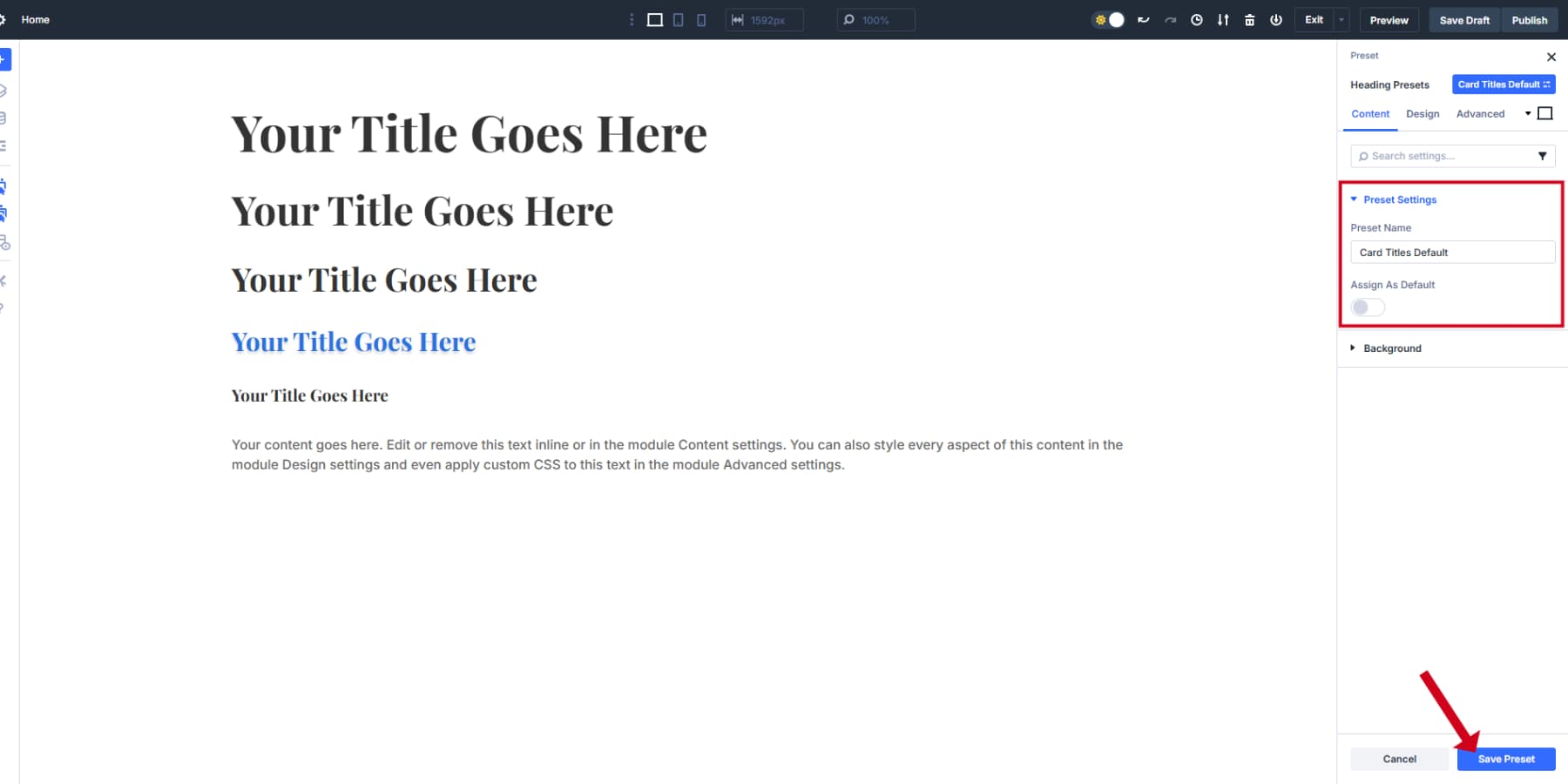 Uno screenshot di opzioni di impostazioni preimpostate