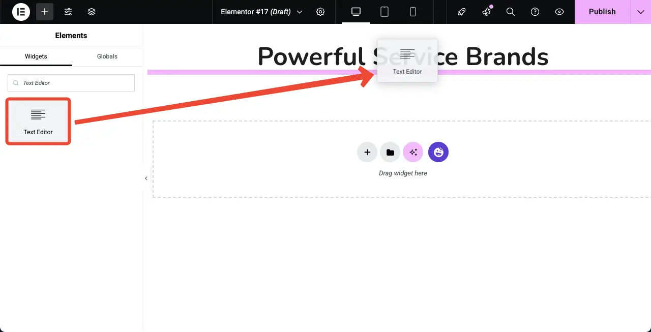 如何使用Elementor 3在WordPress中創建自動滾動圖像庫 Add the Text Editor widget to write a description for the section