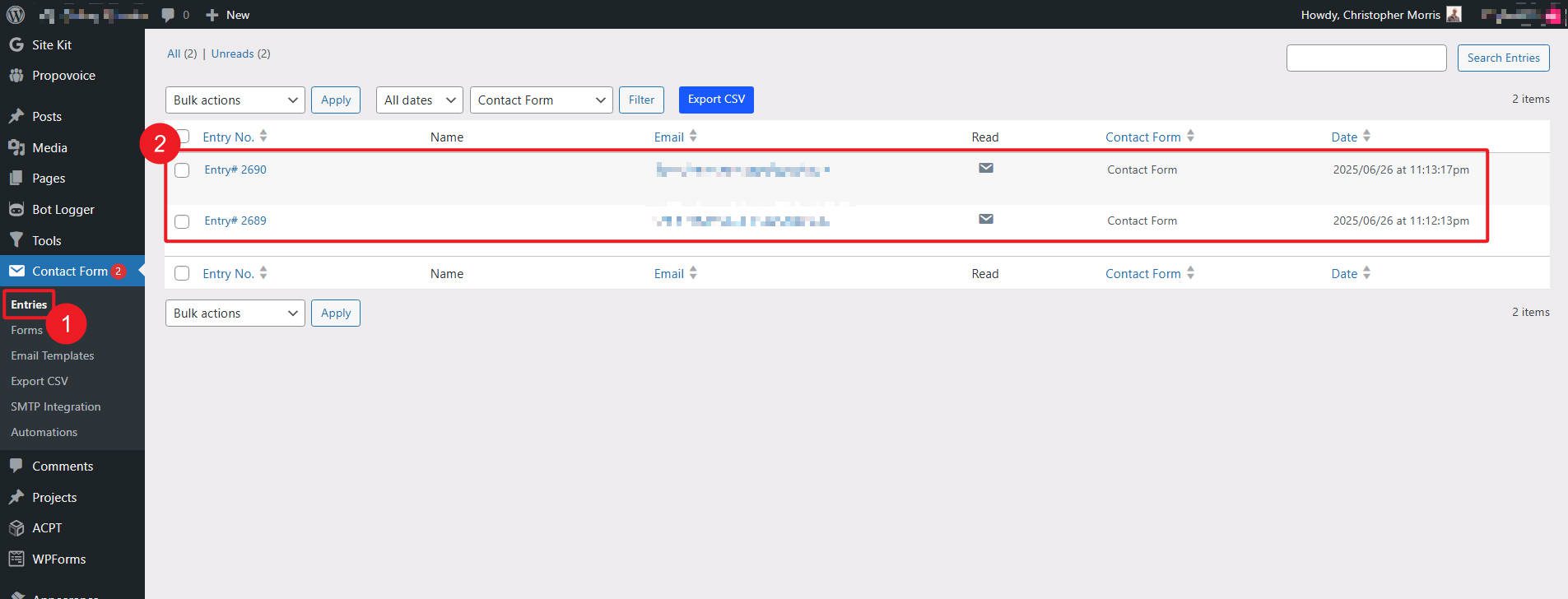 Divi Kontakt Form Form Wpisy pomocniczy w WP Backend