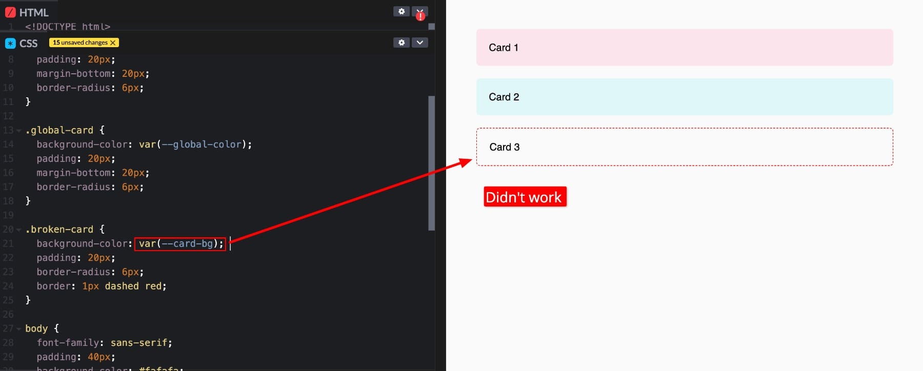 La variable CSS definida localmente no funcionará en otros contenedores