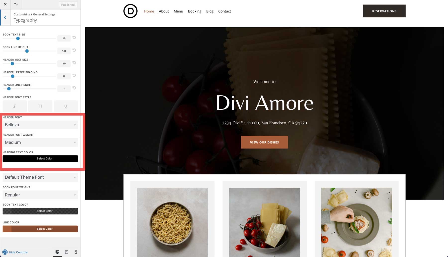 Site inicial de restaurante italiano para divi
