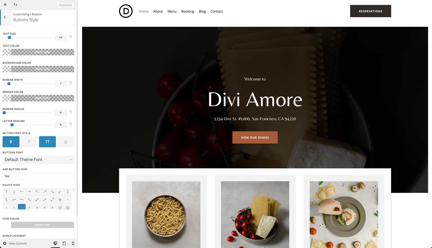Site inicial de restaurante italiano para divi