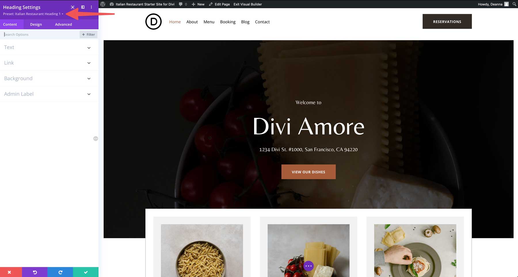Site inicial de restaurante italiano para divi