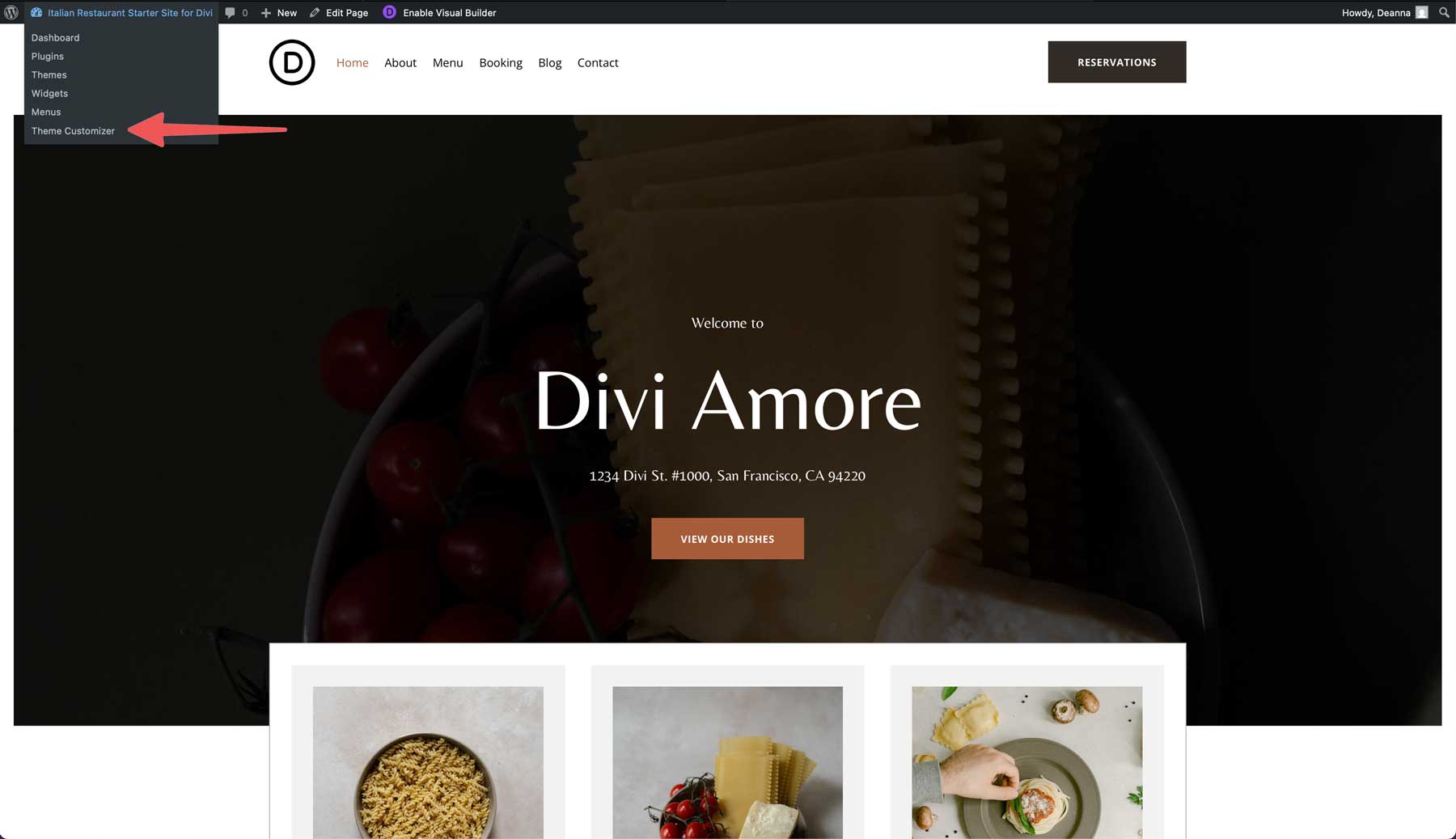 Site inicial de restaurante italiano para divi