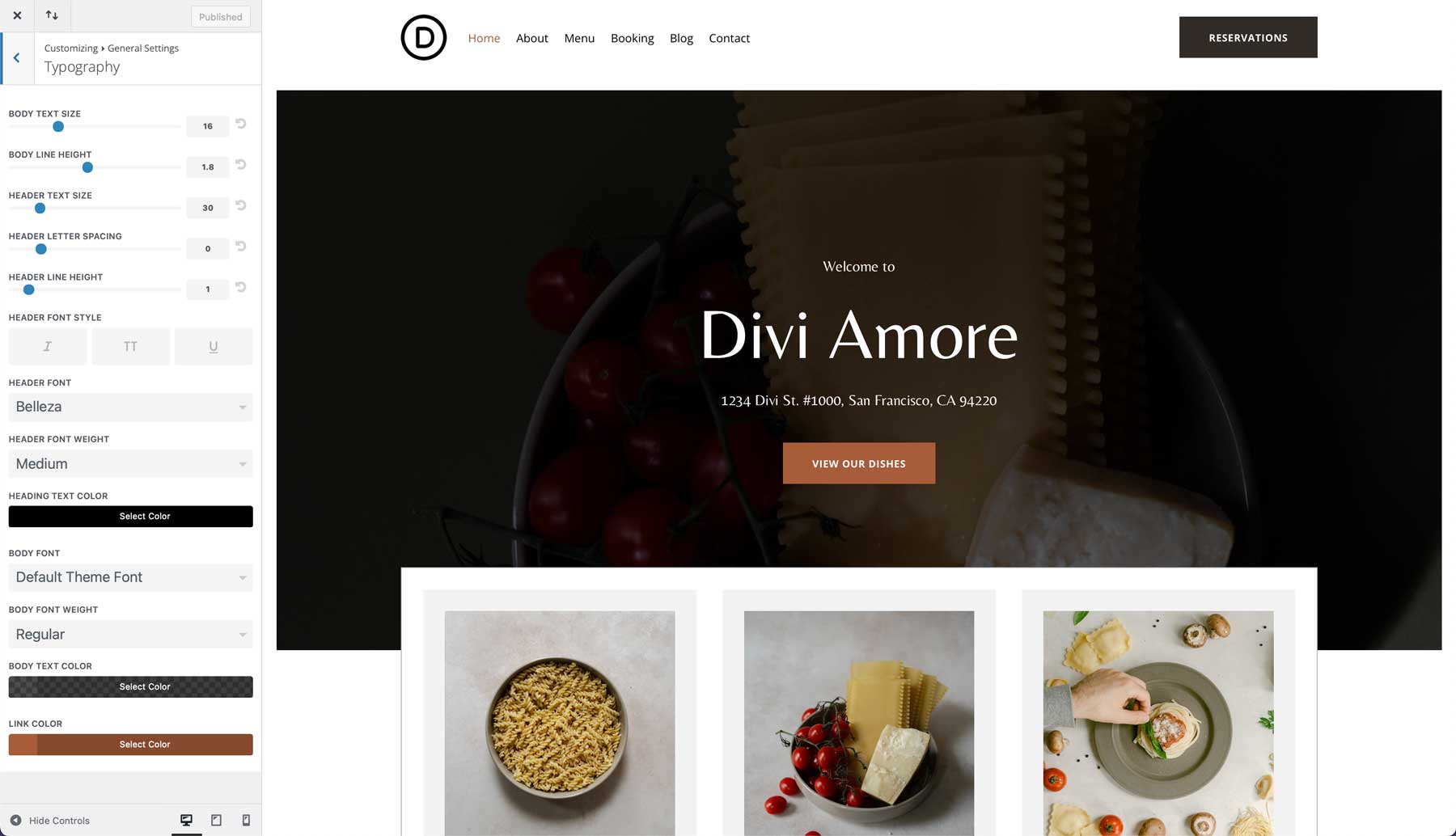 Site inicial de restaurante italiano para divi