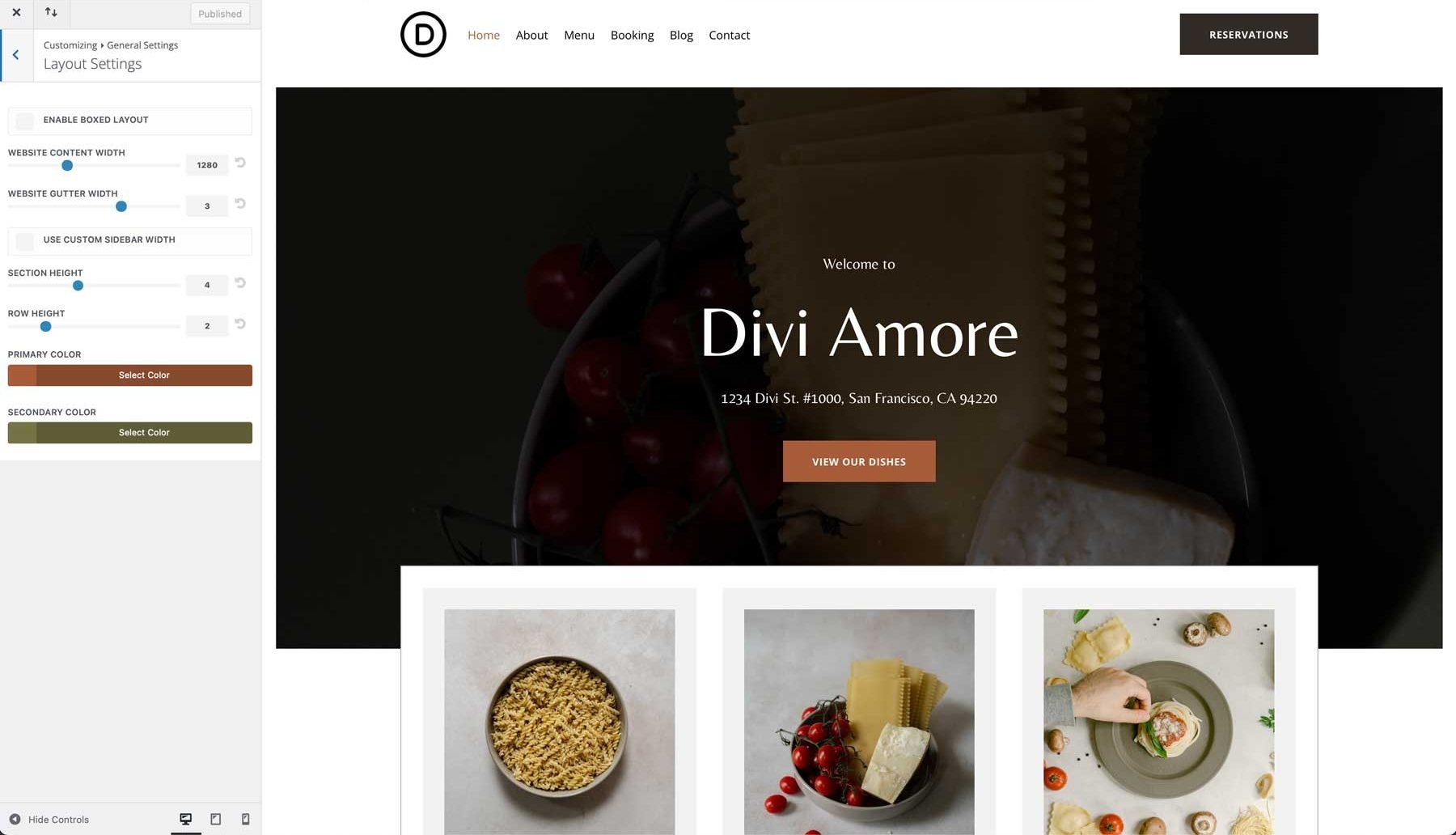 Site inicial de restaurante italiano para divi