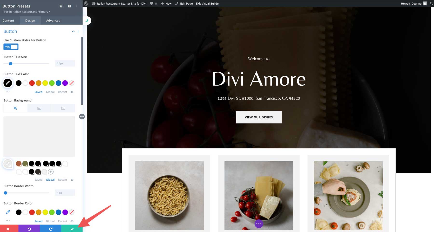 Site inicial de restaurante italiano para divi