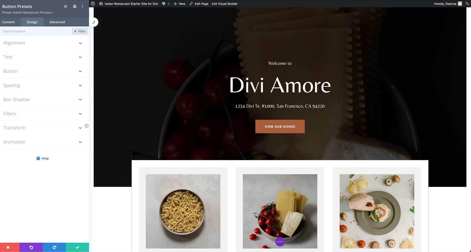 Site inicial de restaurante italiano para divi