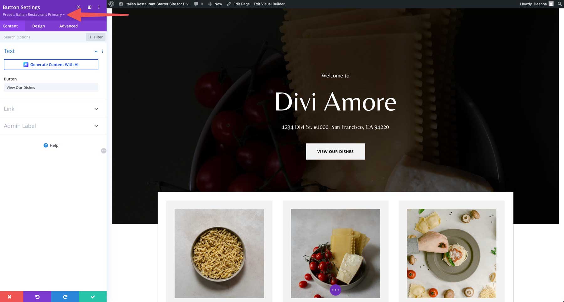 Site inicial de restaurante italiano para divi