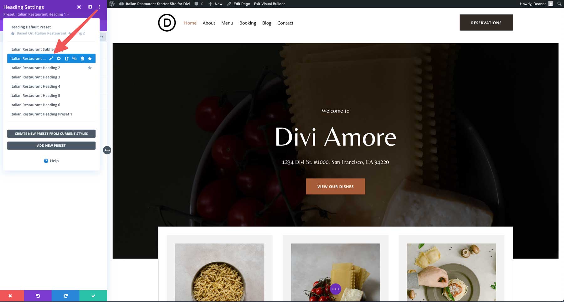 Site inicial de restaurante italiano para divi