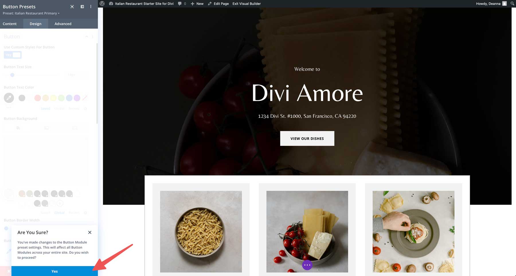 Site inicial de restaurante italiano para divi