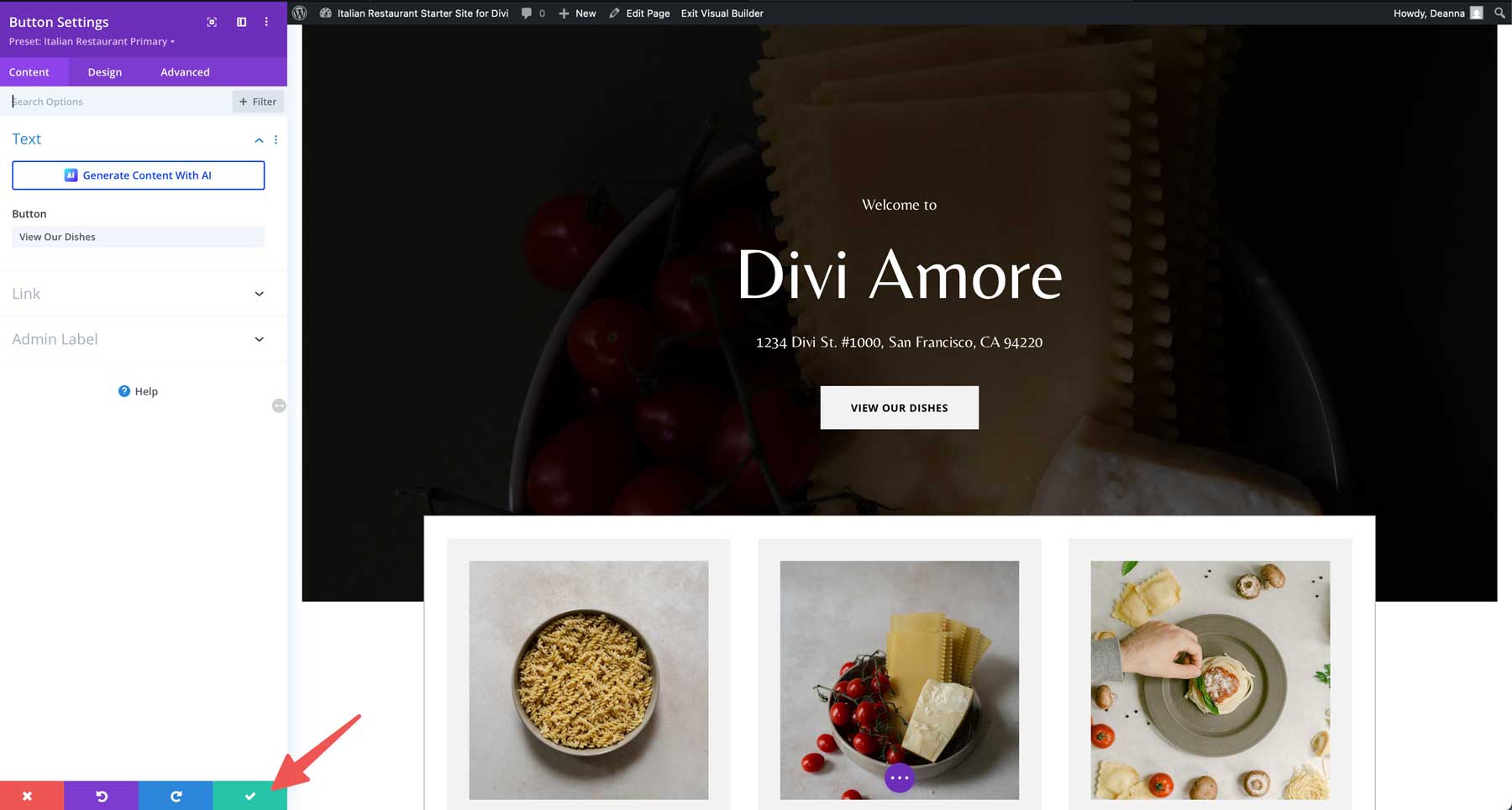 Site inicial de restaurante italiano para divi