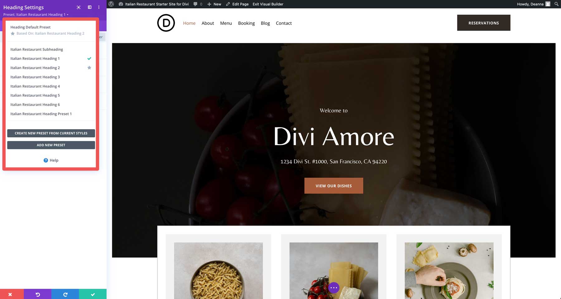 Site inicial de restaurante italiano para divi