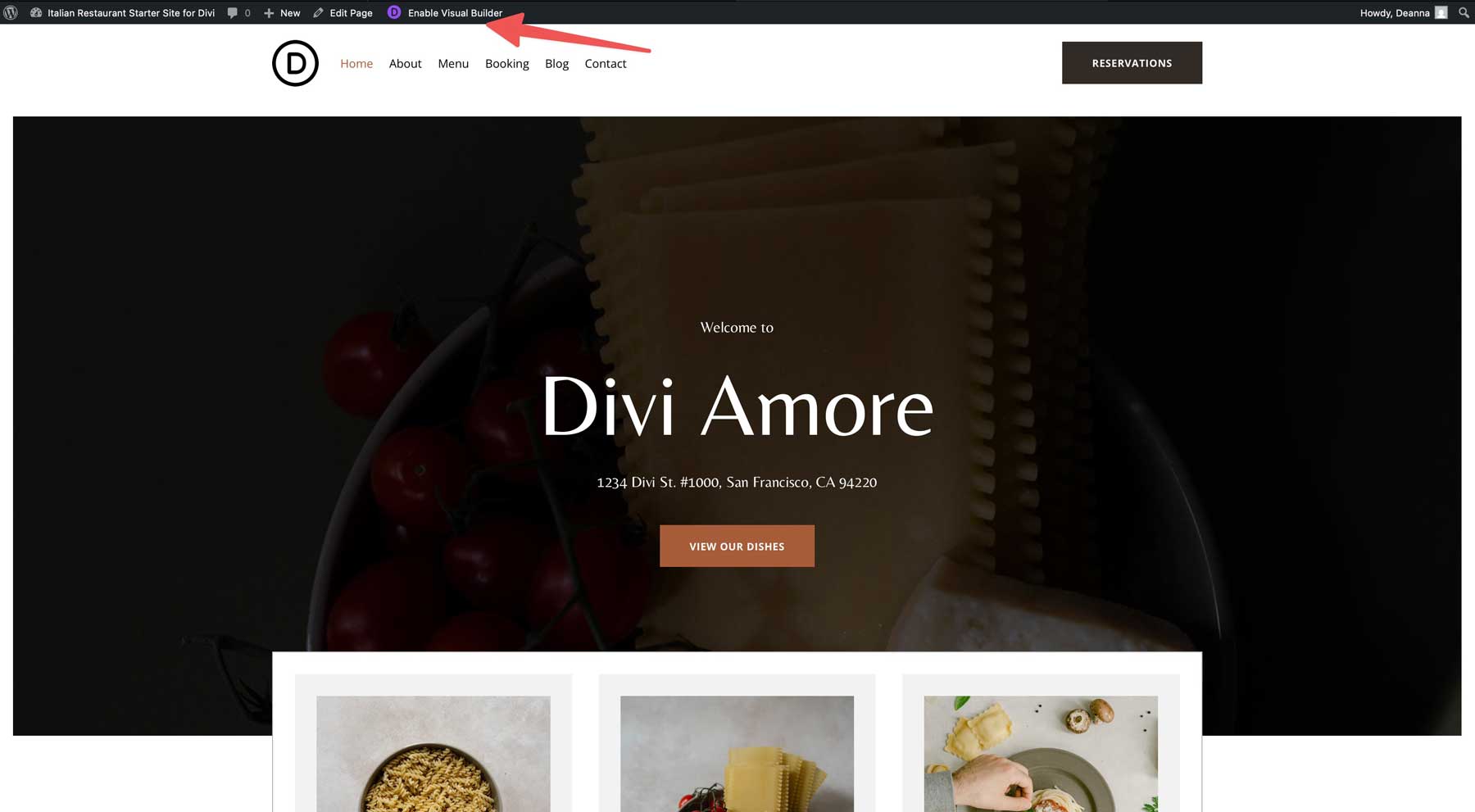 Site inicial de restaurante italiano para divi