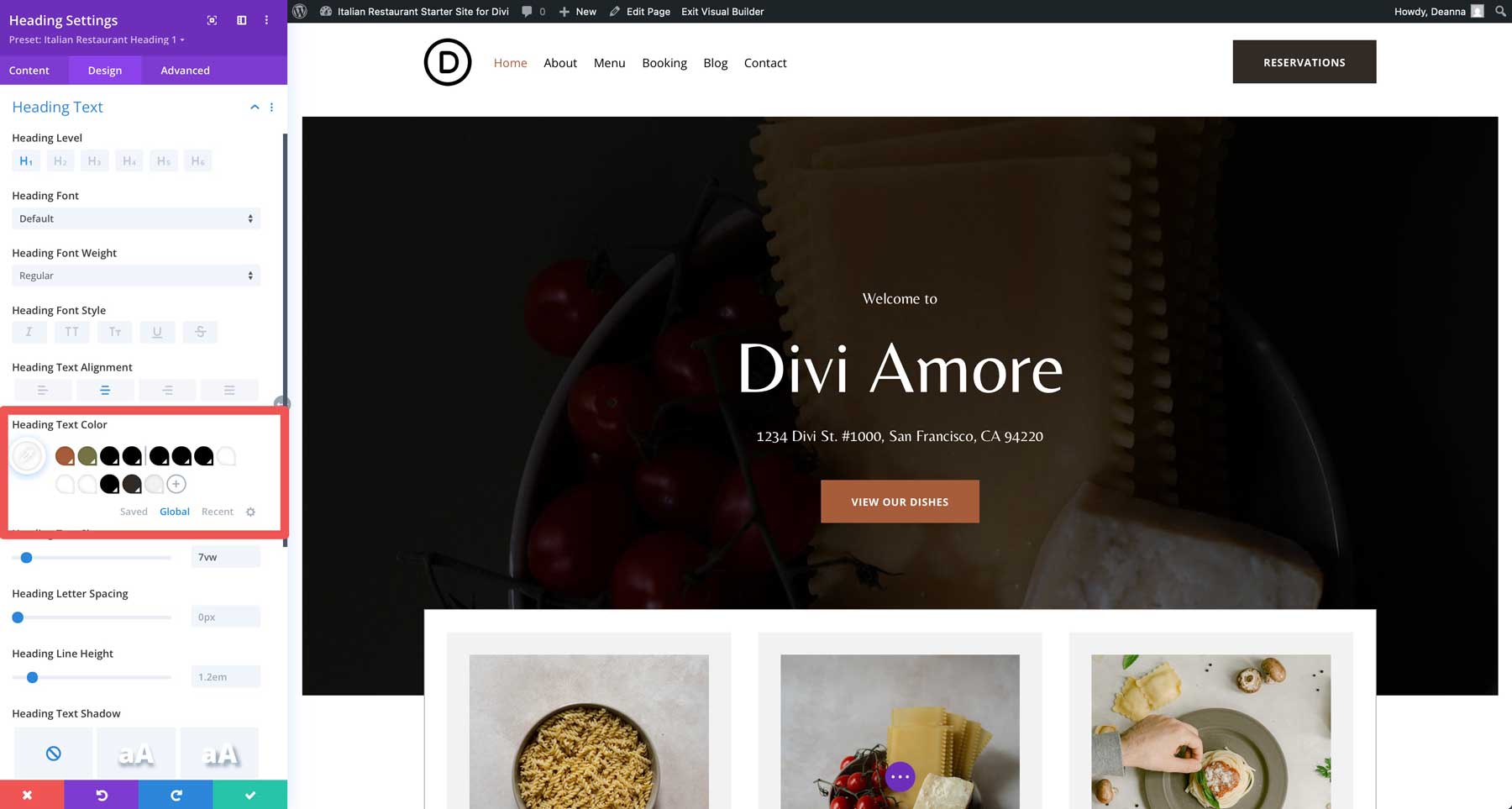 Site inicial de restaurante italiano para divi