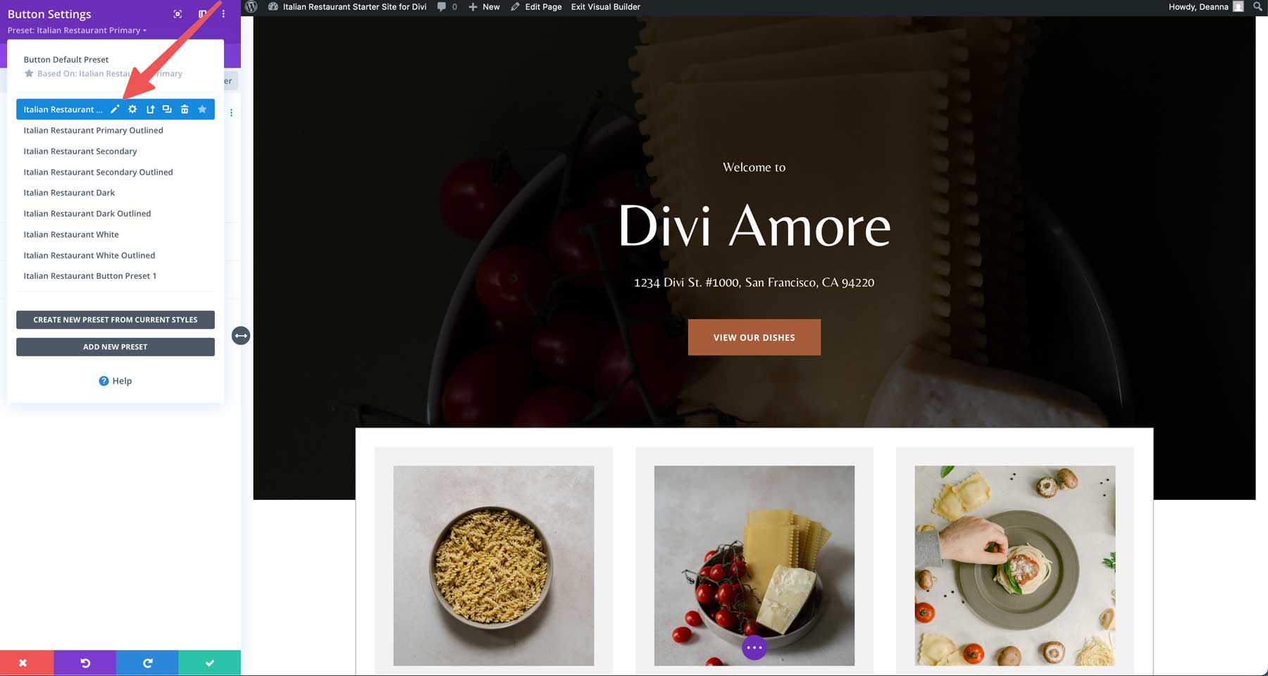 Site inicial de restaurante italiano para divi