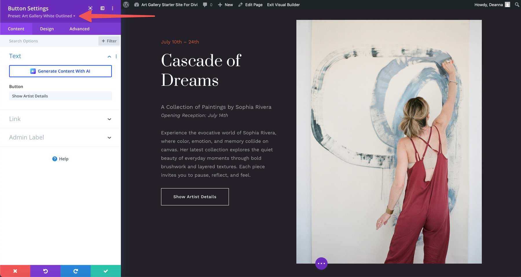 Site inicial da Galeria de Arte para Divi
