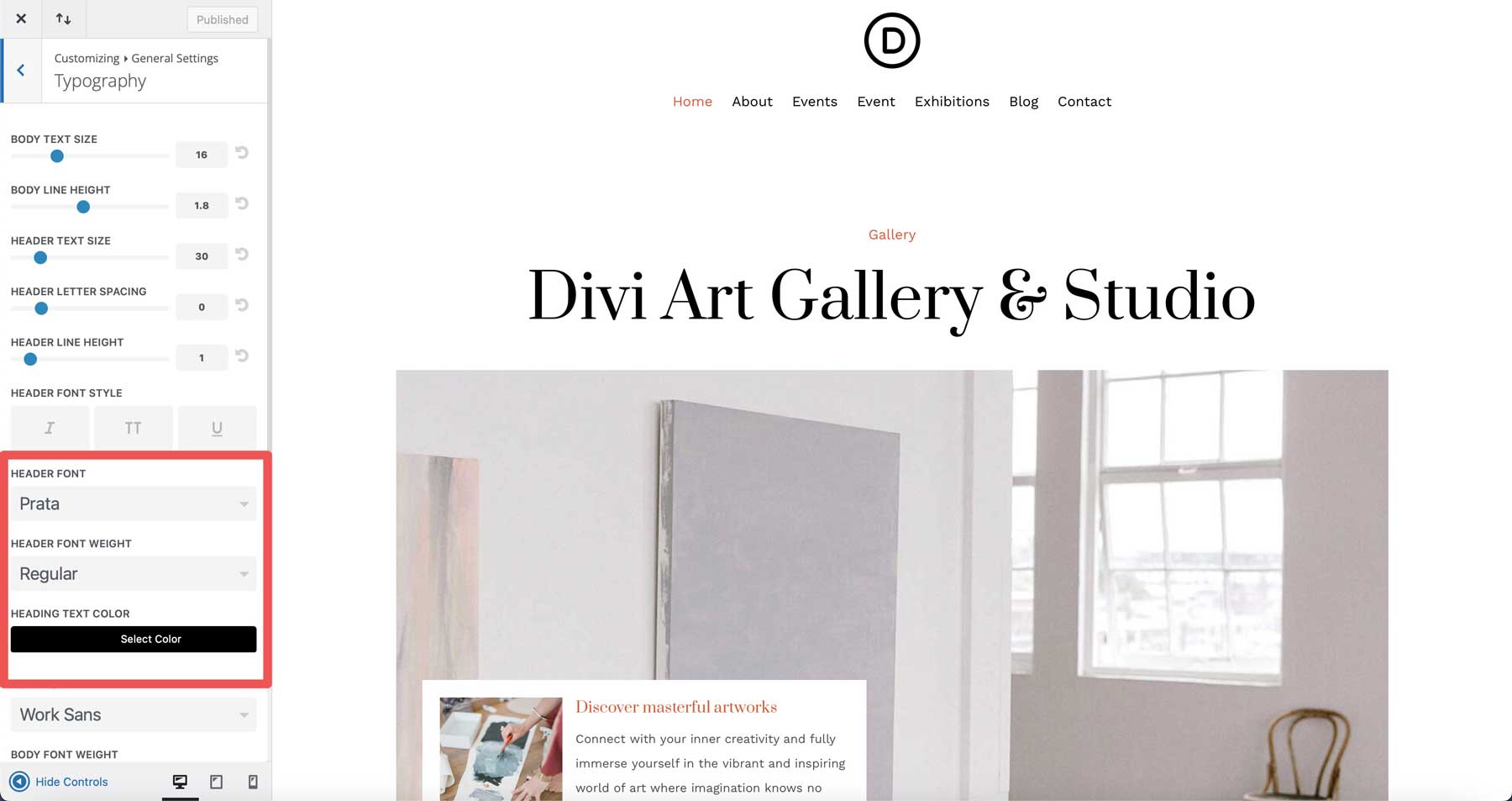Site inicial da Galeria de Arte para Divi
