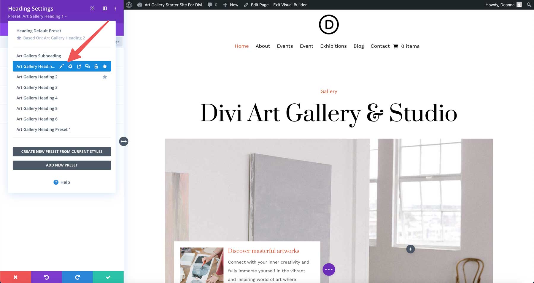 Site inicial da Galeria de Arte para Divi
