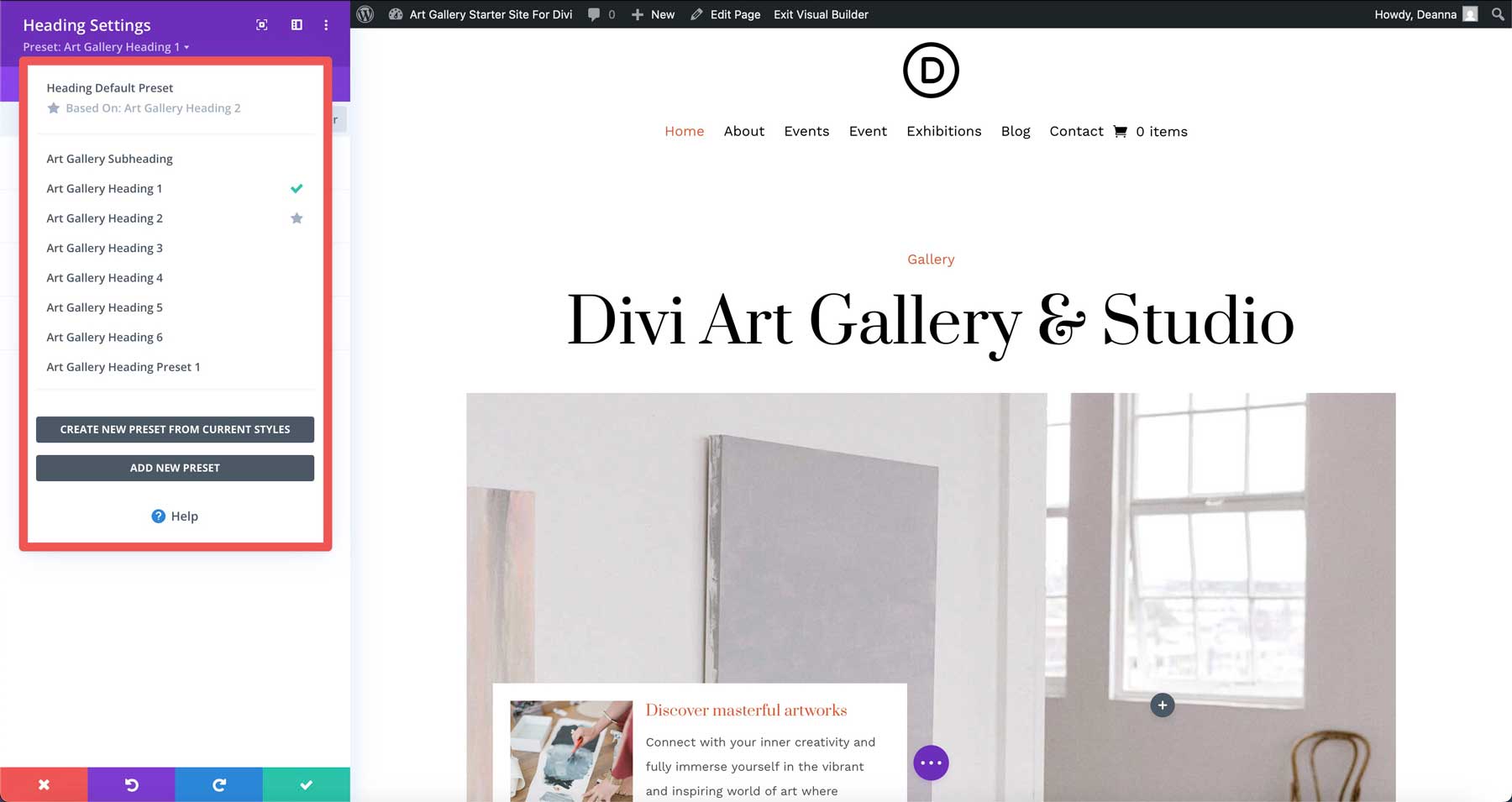 Site inicial da Galeria de Arte para Divi