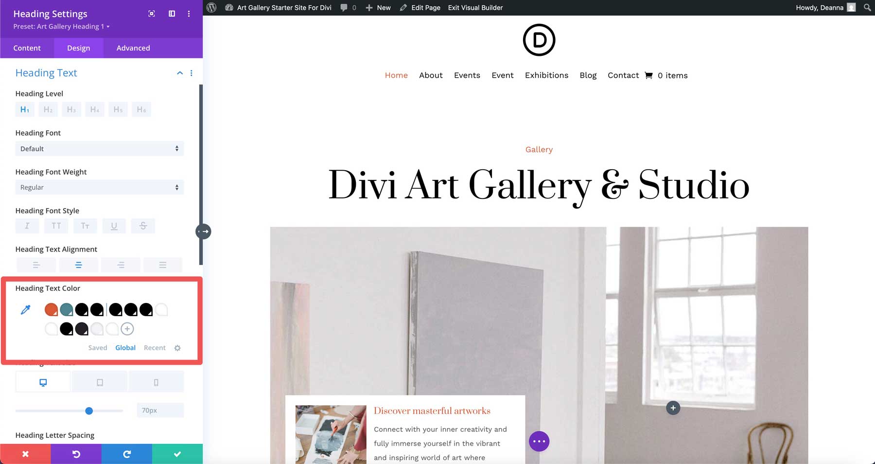 Site inicial da Galeria de Arte para Divi