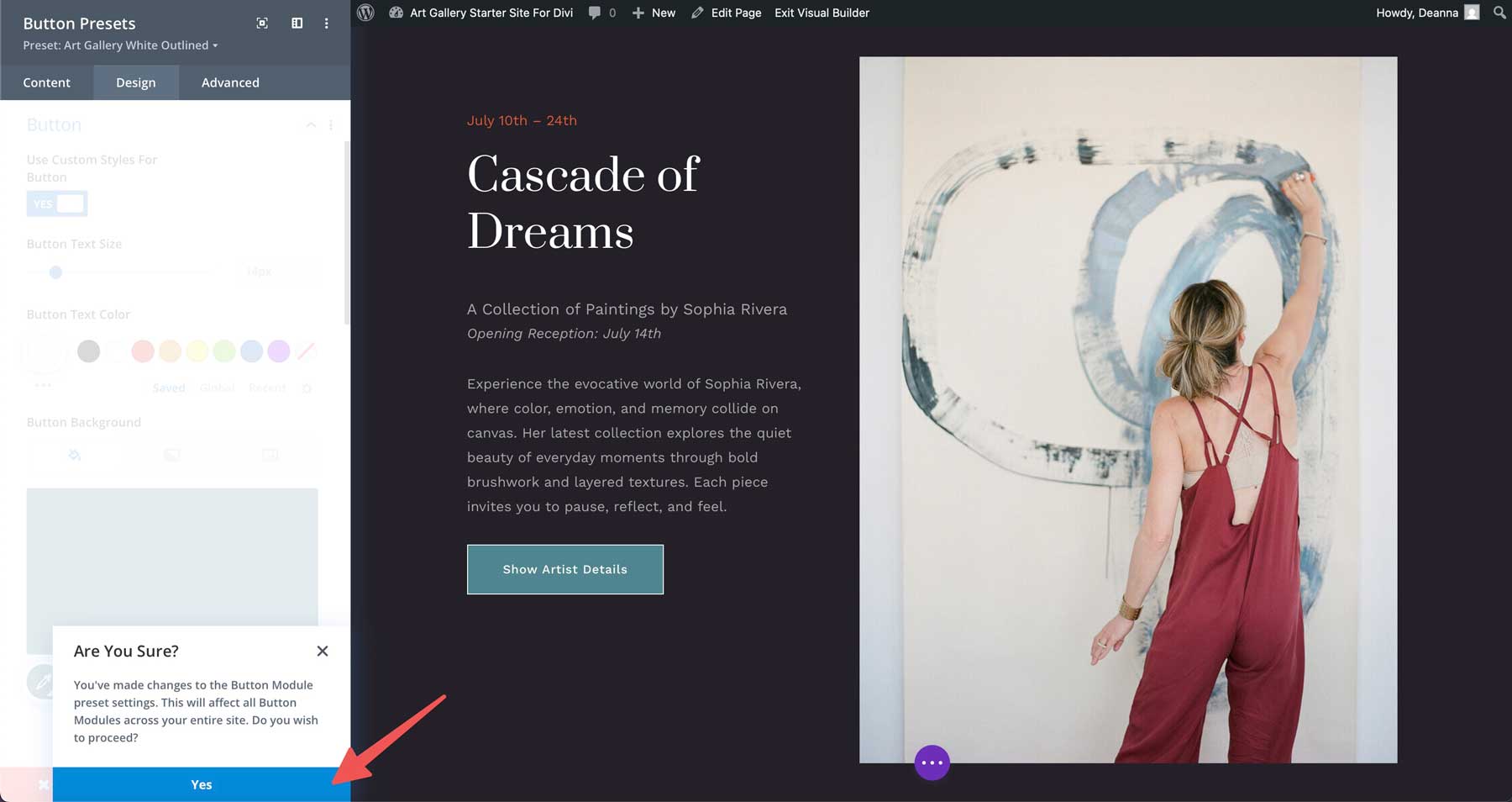 Site inicial da Galeria de Arte para Divi