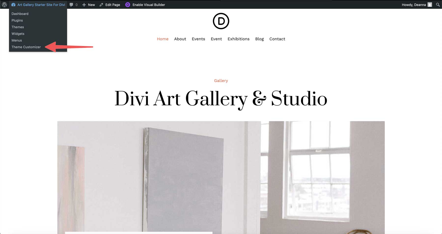 Site inicial da Galeria de Arte para Divi