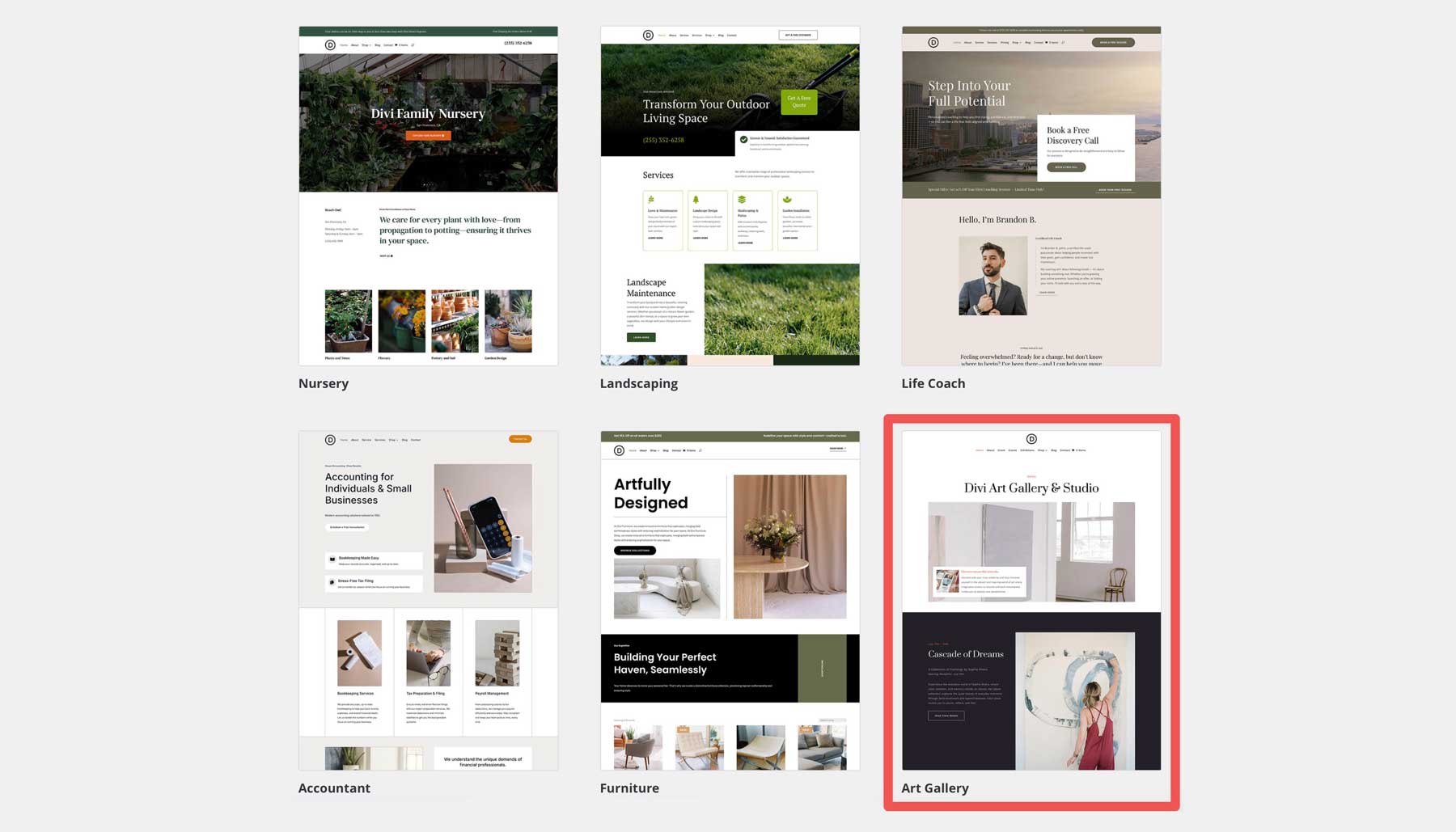 Site inicial da Galeria de Arte para Divi