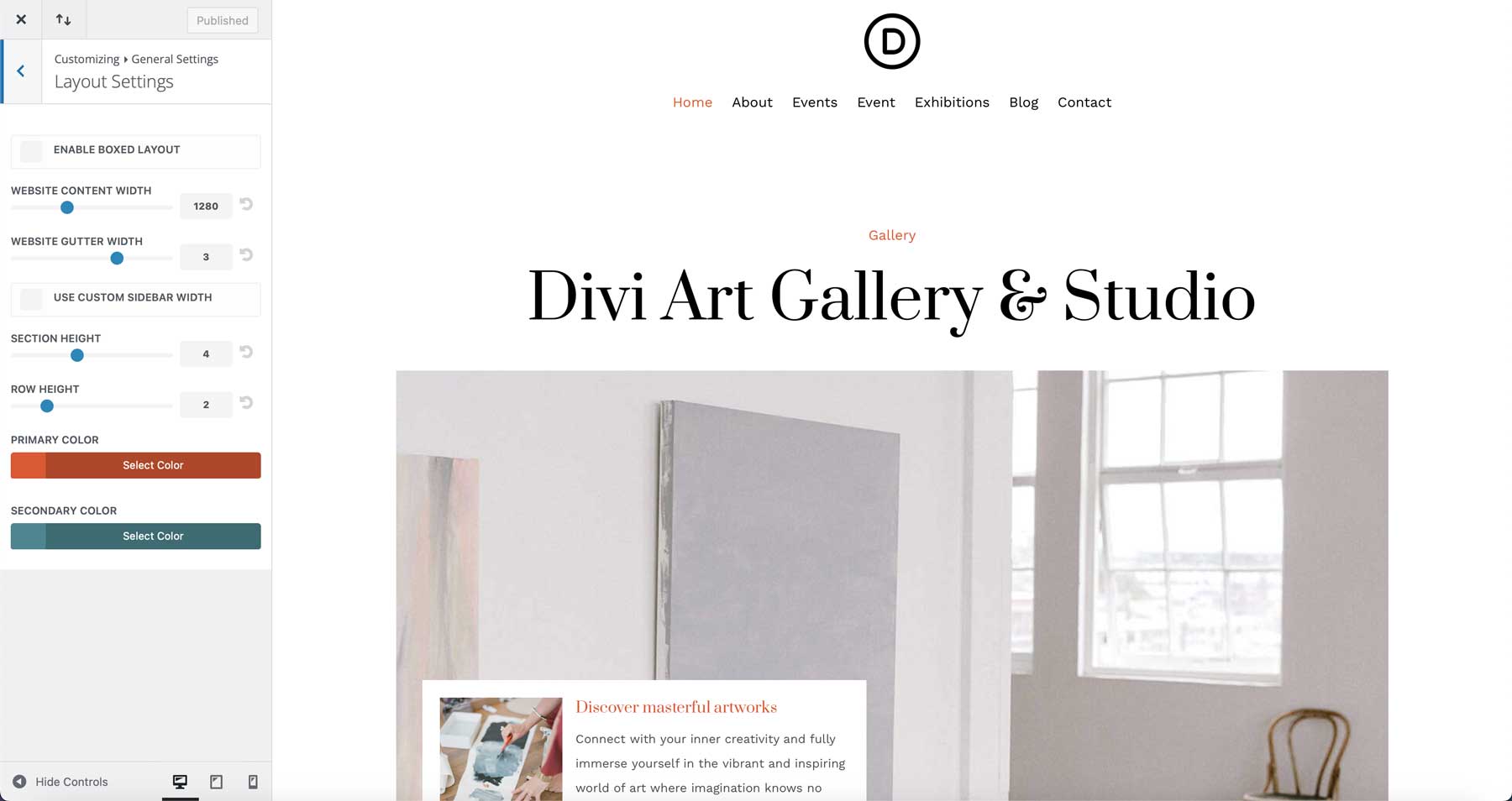 Site inicial da Galeria de Arte para Divi